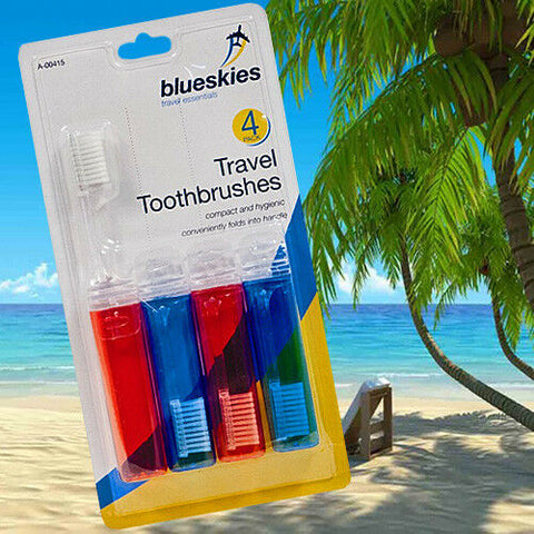 TRAVEL TOOTHBRUSH Pack of 4 Blue & Red Compact Mini Holiday Travel Festival UK